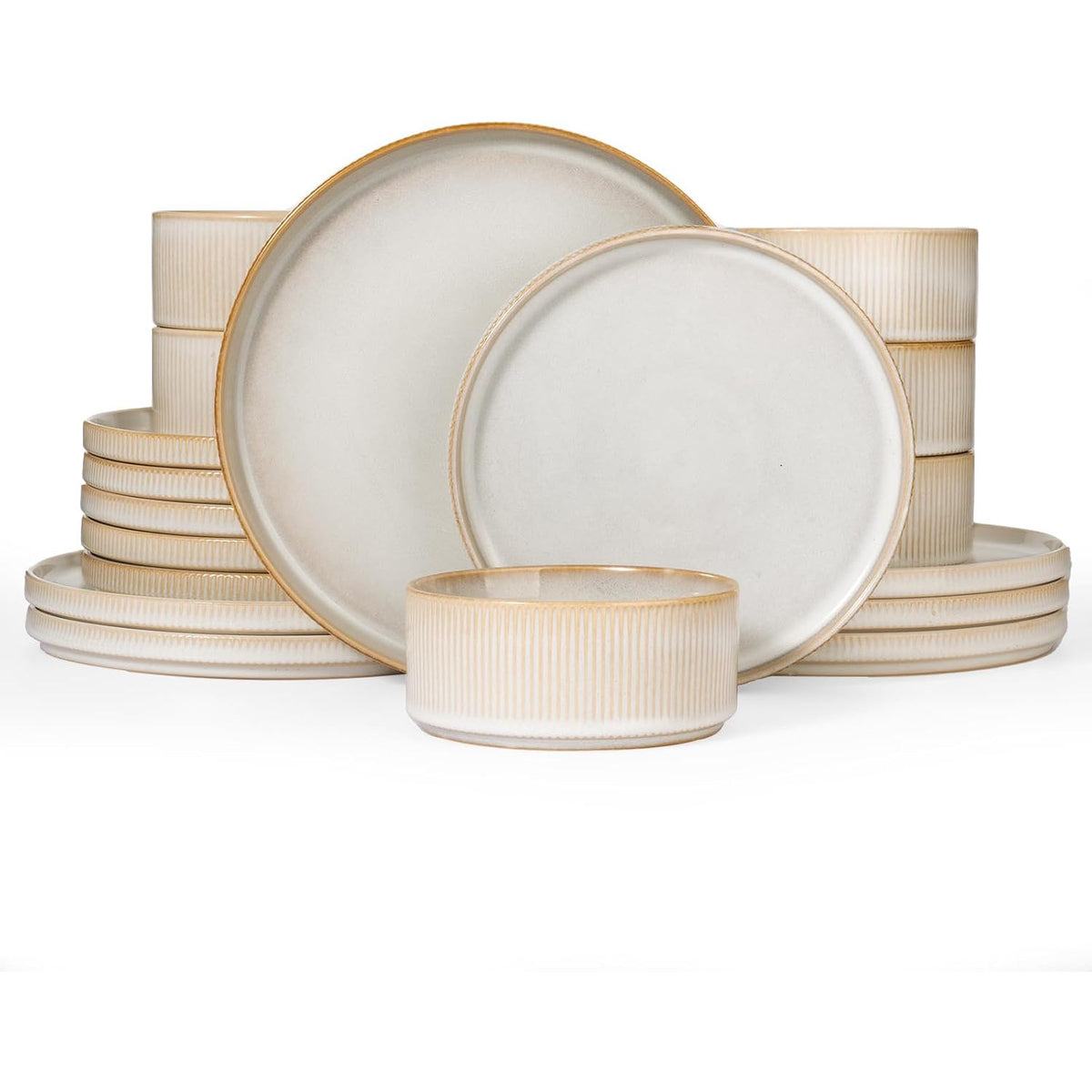 Stoneware Dinner Set 18 Piece Plates Bowls for 6 Cappuccino White Richmount Table