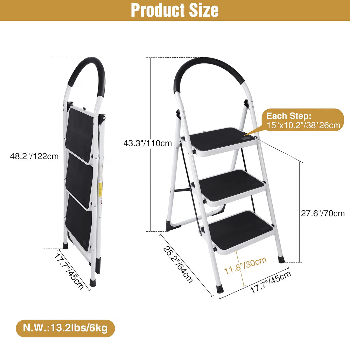 Folding 3 Step Ladder with Handrail,Heavy Duty Kitchen Steps 330lbs REDCAMP