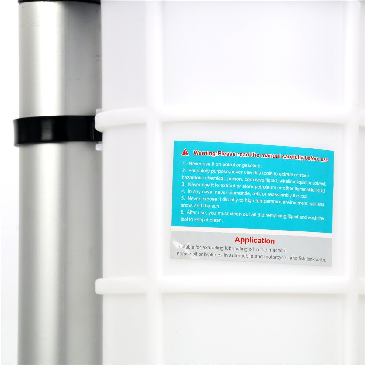 Metallic cylindrical container with warning label on a white background