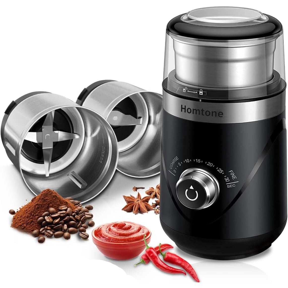 Electric Coffee Grinder Adjustable Time Spice Grinder 2 Cups Homtone