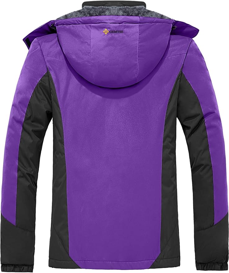 Purple and black jacket with a brand logo on the back
