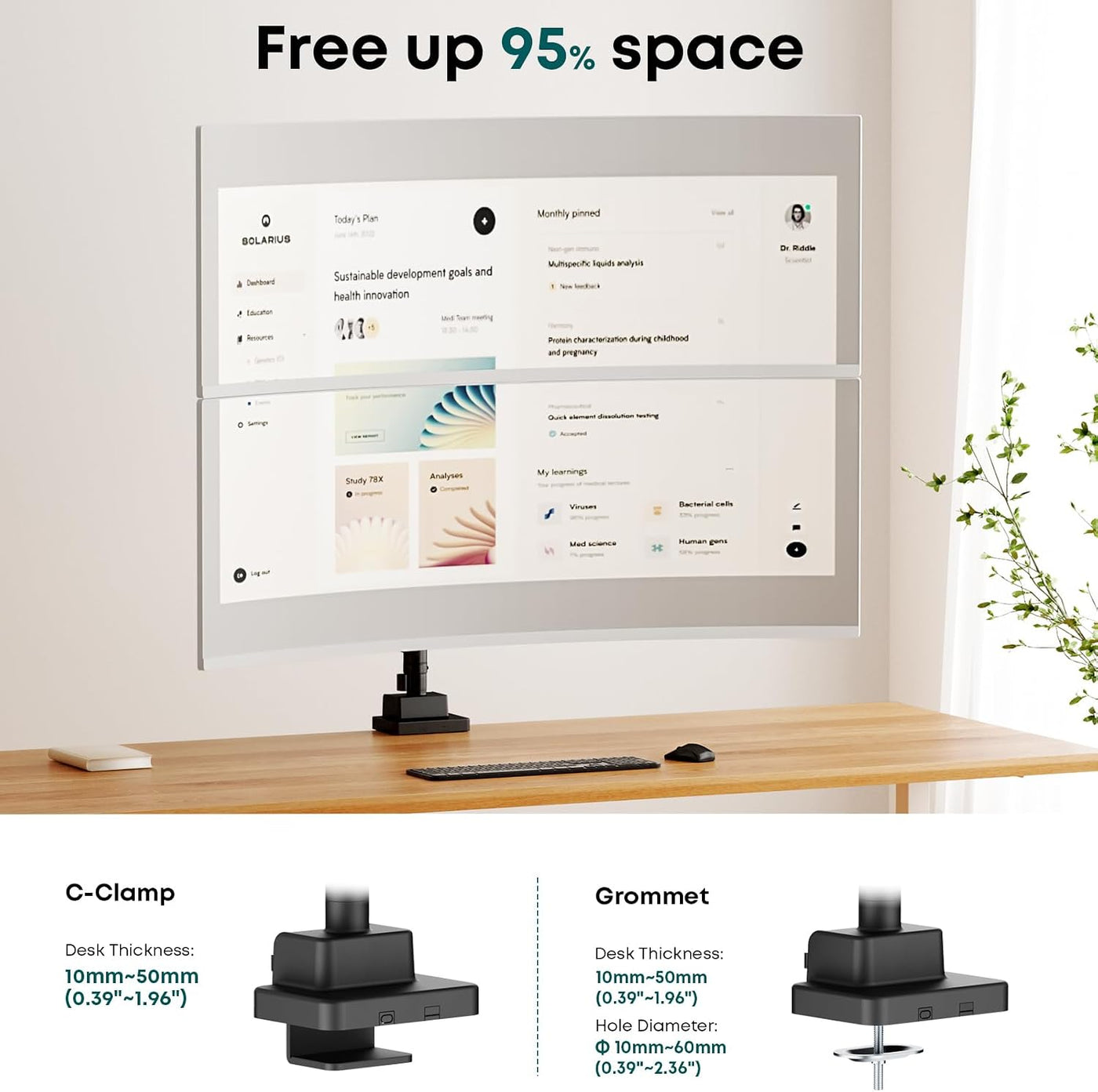 Dual Monitor Arm 24-57 Inch Heavy Duty 27kg VESA 200 Ultrawide Stacked Display