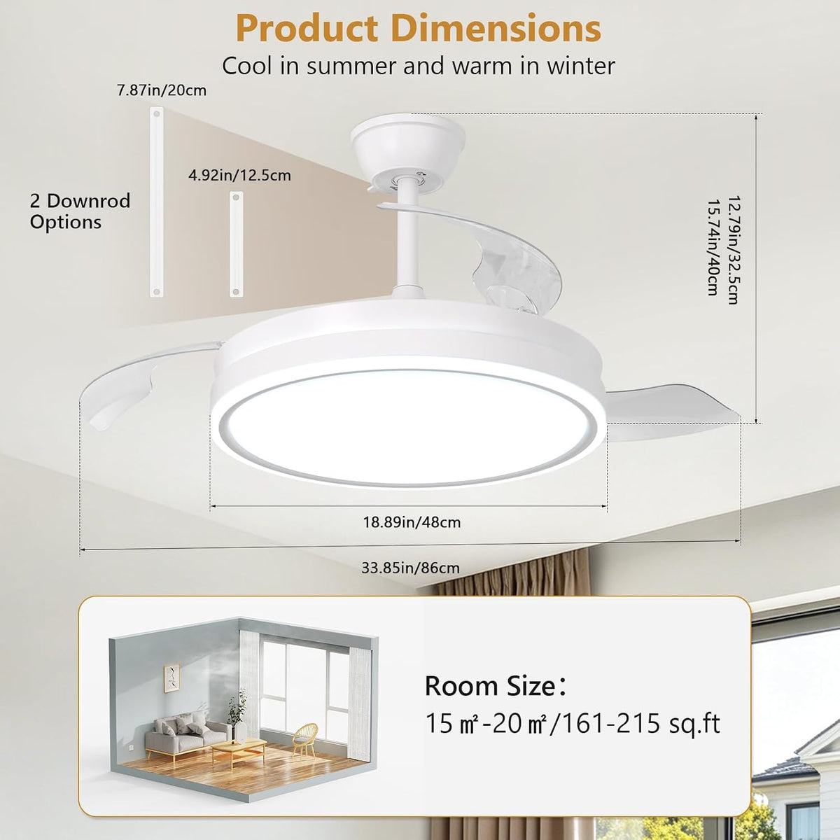 Ceiling Fan with Light Retractable 36W LED Dimmable Remote 6 Speed 3960LM Quiet