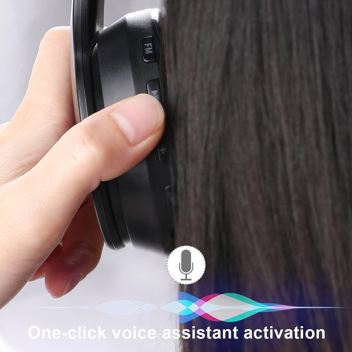 Hand holding a smartphone with headphones, featuring one-click voice assistant activation text.