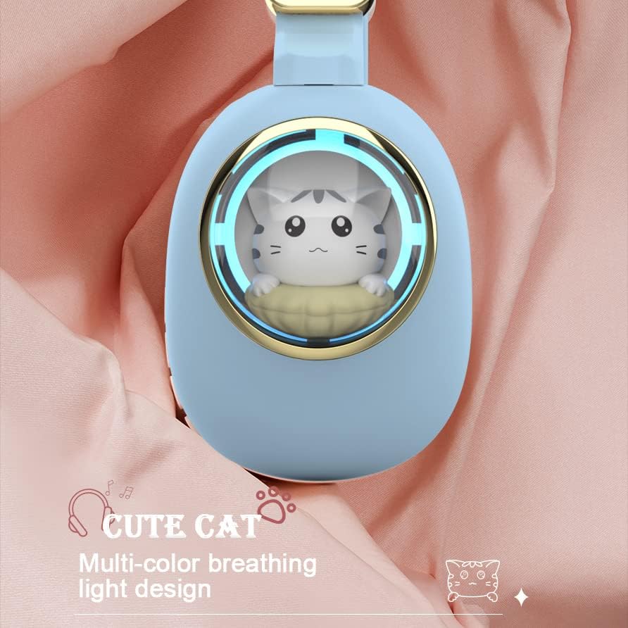 Light blue device with a cat design on a pink fabric background