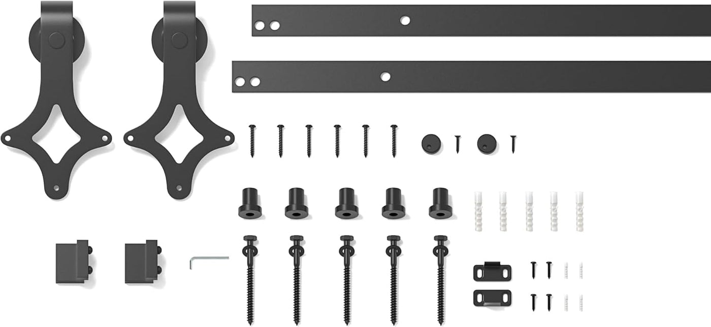 Set of black metal brackets and hardware components on a white background