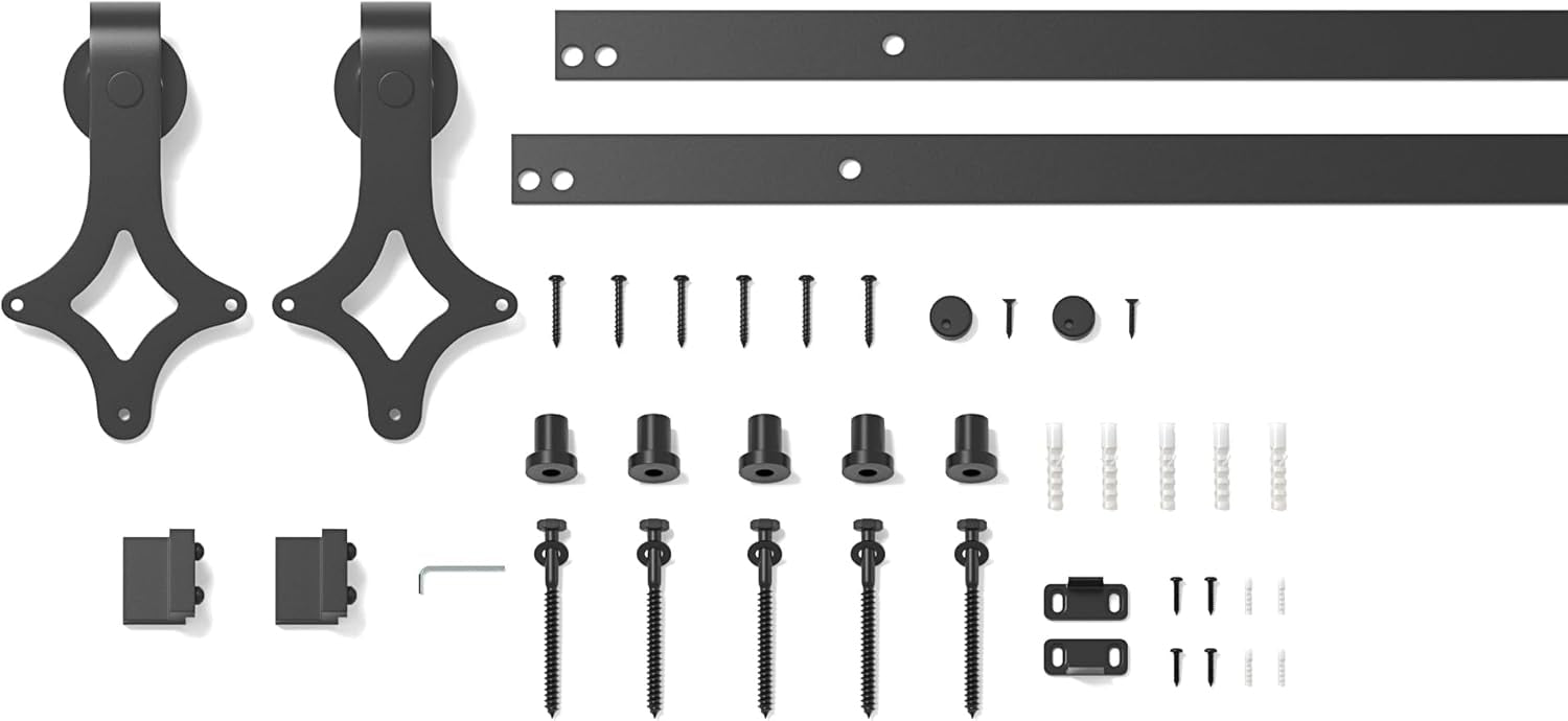 Set of black metal brackets and hardware components on a white background