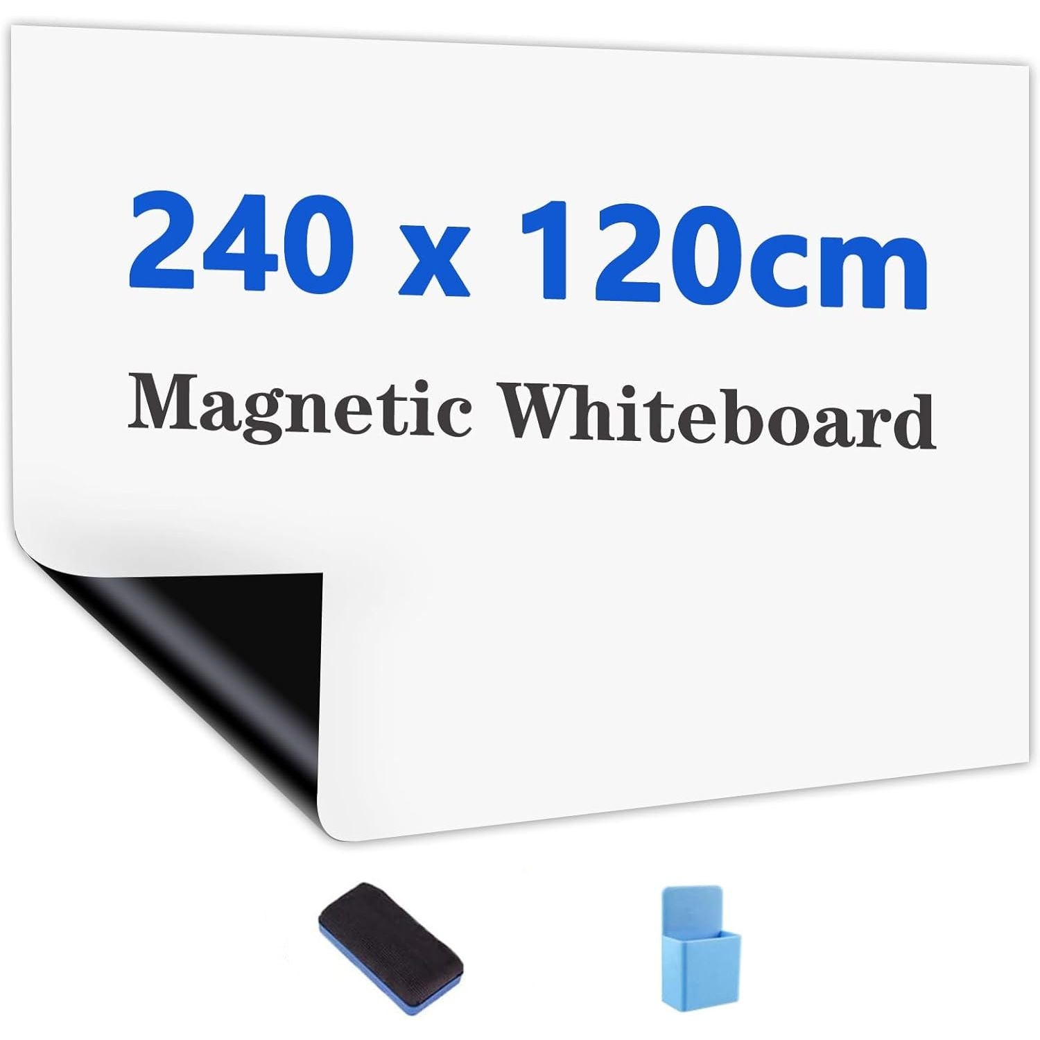Magnetic whiteboard with dimensions 240 x 120cm, accompanied by a black eraser and a blue marker.