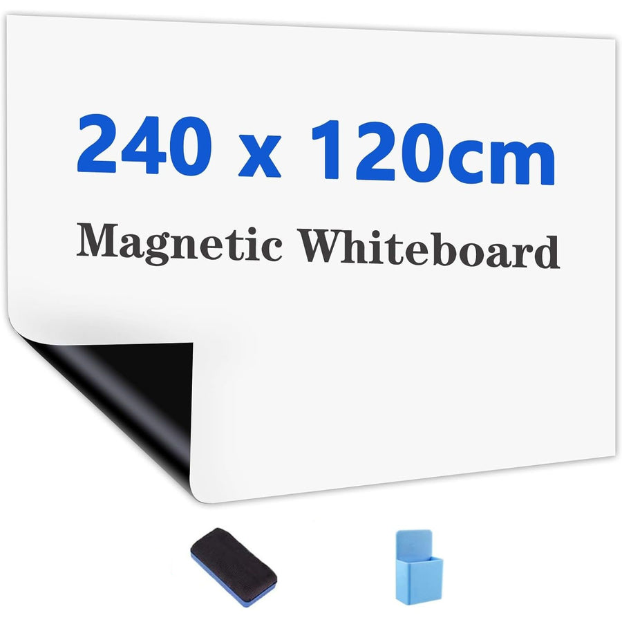 Magnetic whiteboard with dimensions 240 x 120cm, accompanied by a black eraser and a blue marker.