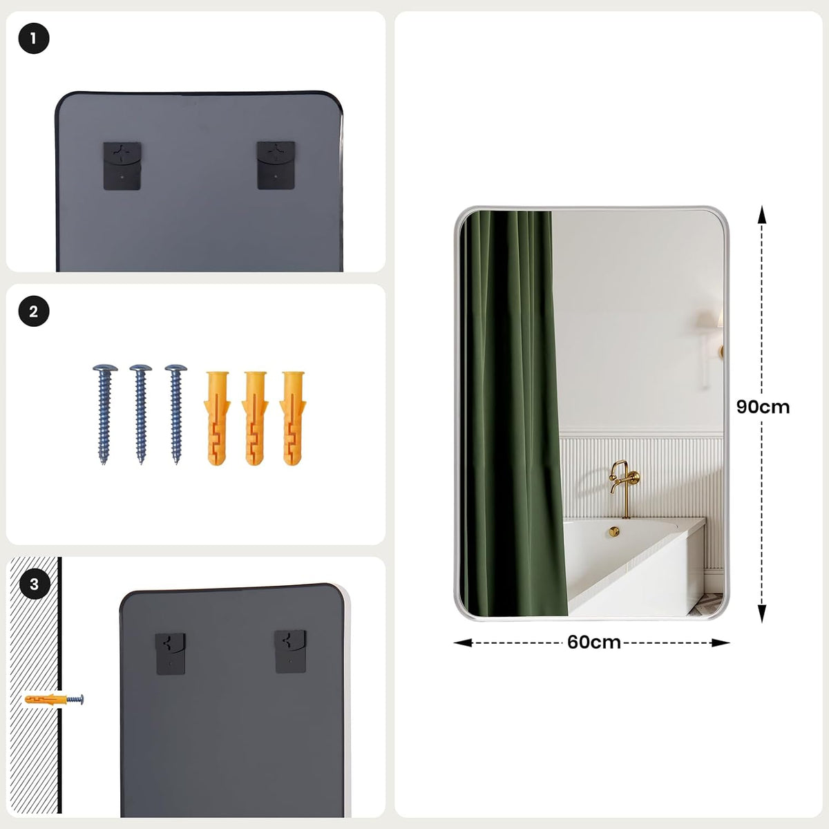 Wall Mirror 60x90cm Silver Frame Rectangle Curved Corners Bathroom Vanity Decor