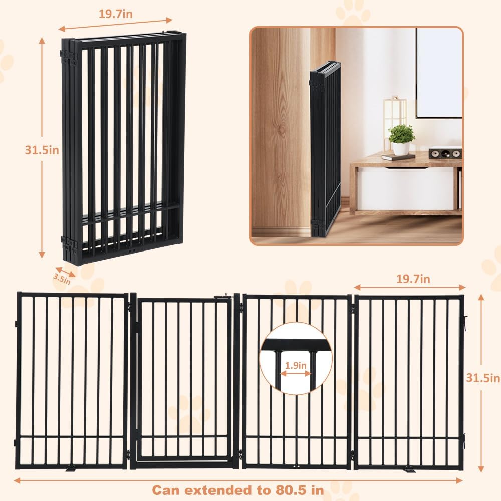 Freestanding Dog Gate 204cm Wide 80cm Tall 4 Panel Foldable Pet Fence SMONTER