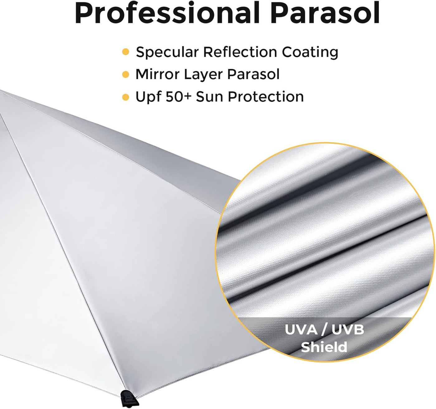 Professional parasol with reflection coating and sun protection features.