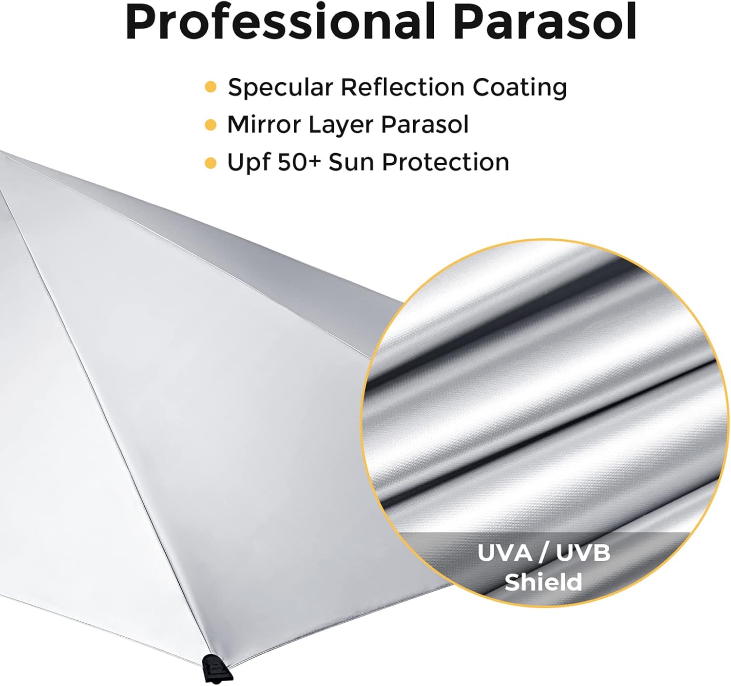 Professional parasol with reflection coating and sun protection features.