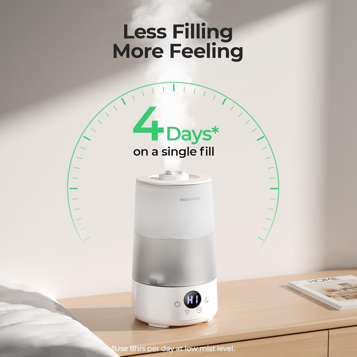 Cool Mist Humidifier 3.6L Top Fill 34H Quiet 16dB Nursery Light Homvana White