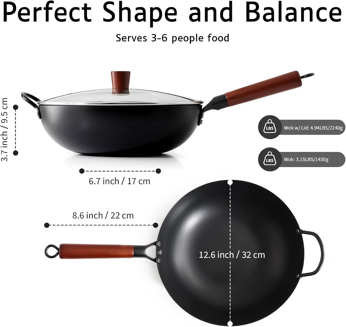 Carbon Steel Wok 32cm Pre Seasoned Uncoated Cooking Pan with Lid Kordisen Kitchen