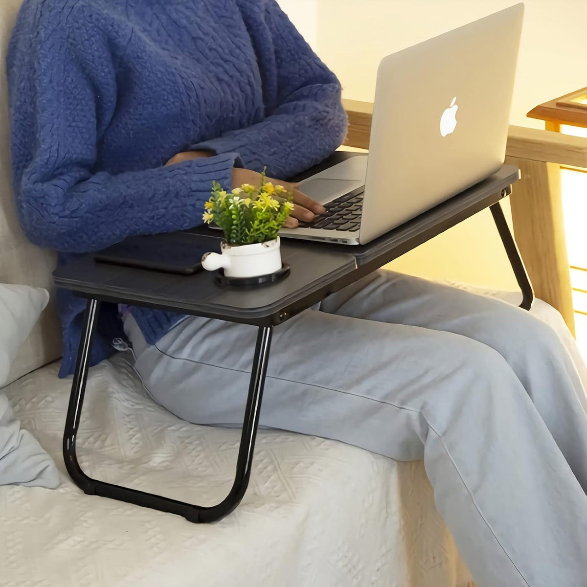 Laptop Bed Table Foldable Legs Cup Slot Reading Notebook Stand  Black Desk Tray