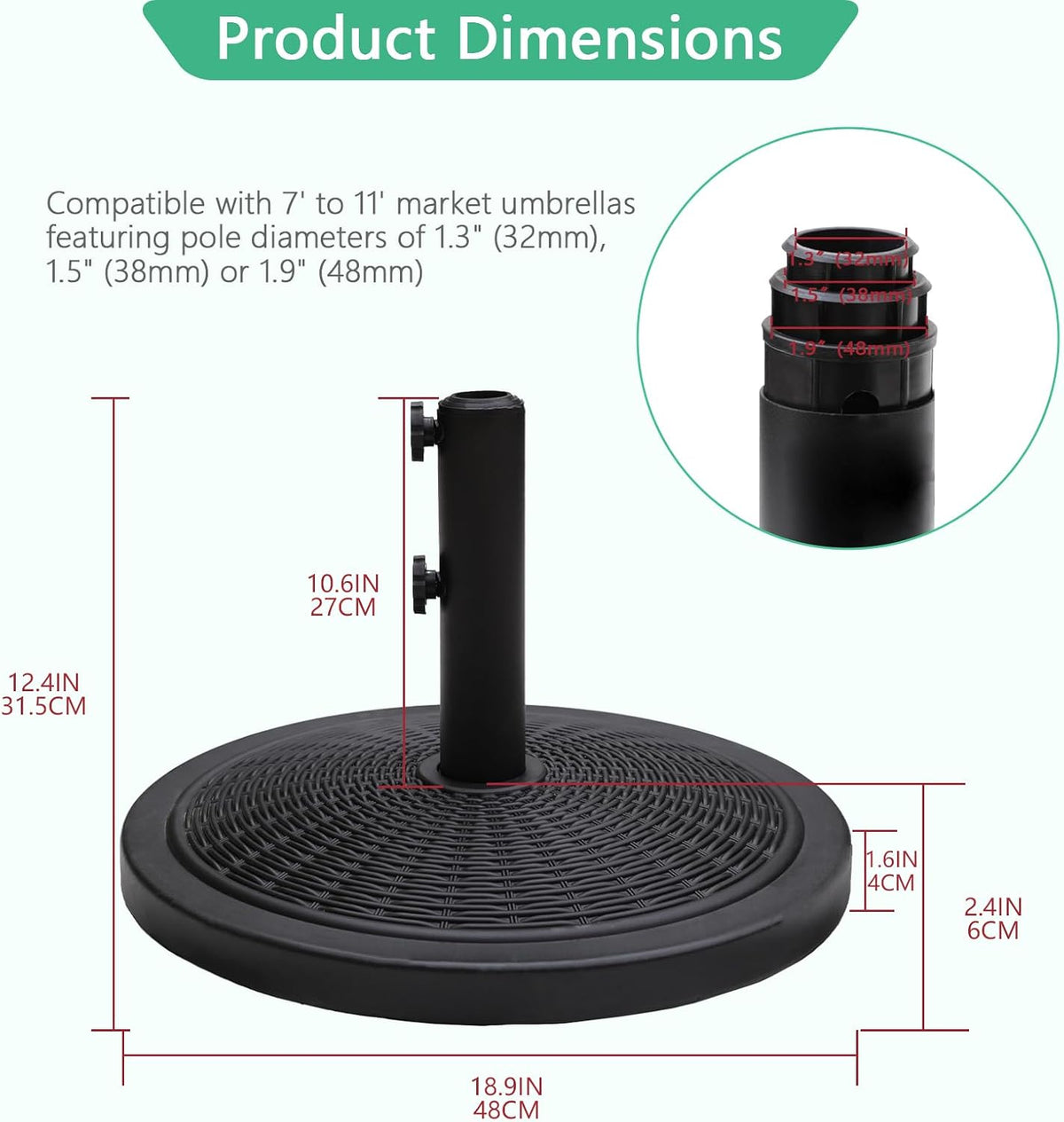 Parasol Base 15kg Round Heavy Duty Concrete Umbrella Stand Black Helios&Hestia