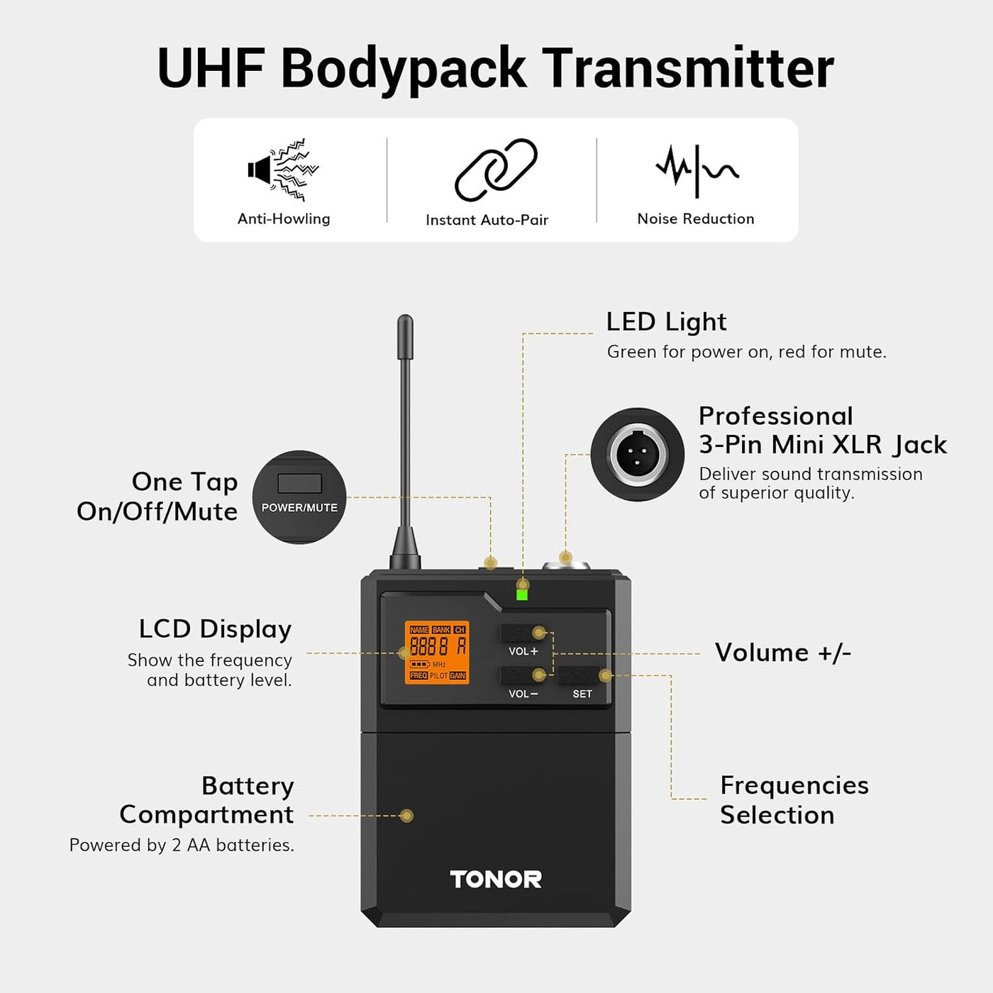 Wireless Microphone System UHF Headset Lavalier 60m 10 Channel TONOR