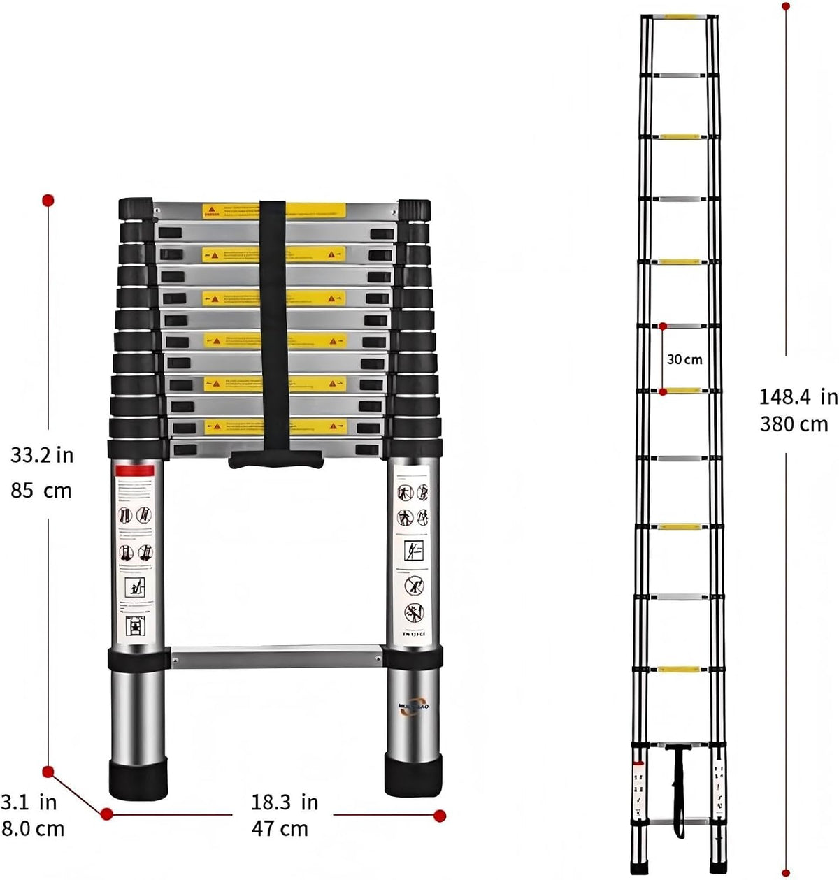 Telescopic Ladder 3.8m 12.5ft Aluminium 13 Step 150kg EN131 Multibao Portable