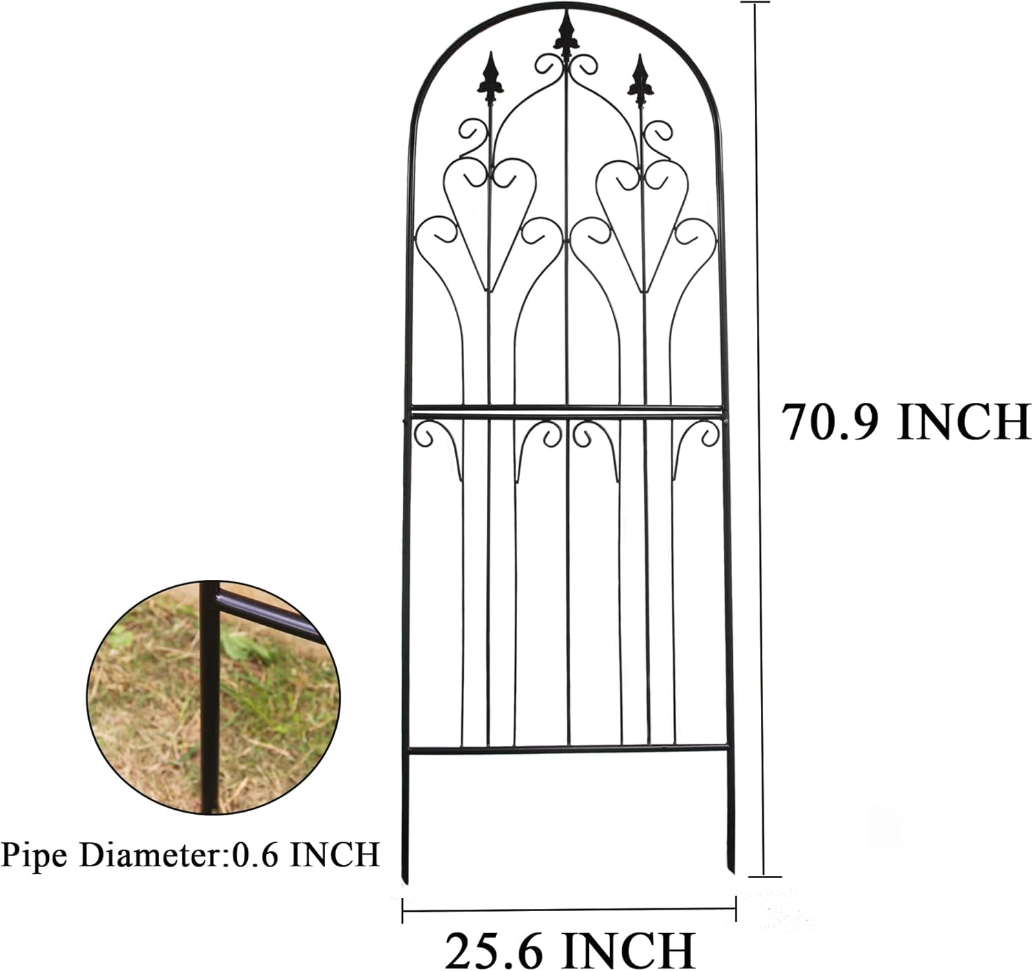 Decorative metal garden arch with dimensions and pipe diameter details on a white background