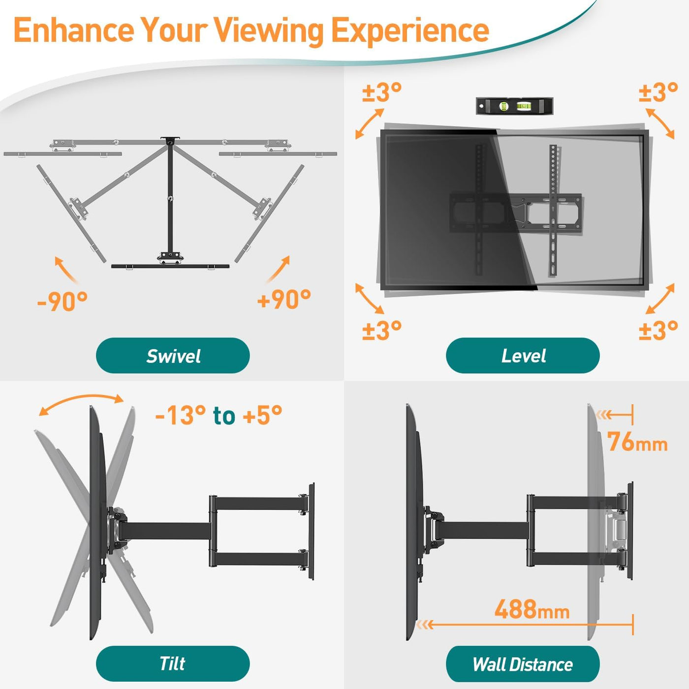 Tilt Swivel TV Bracket 26-60 Inch Corner Wall Mount up to 35KG ELIVED