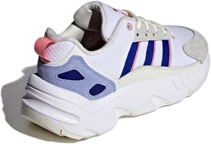 White sneaker with blue and pink accents on a white background