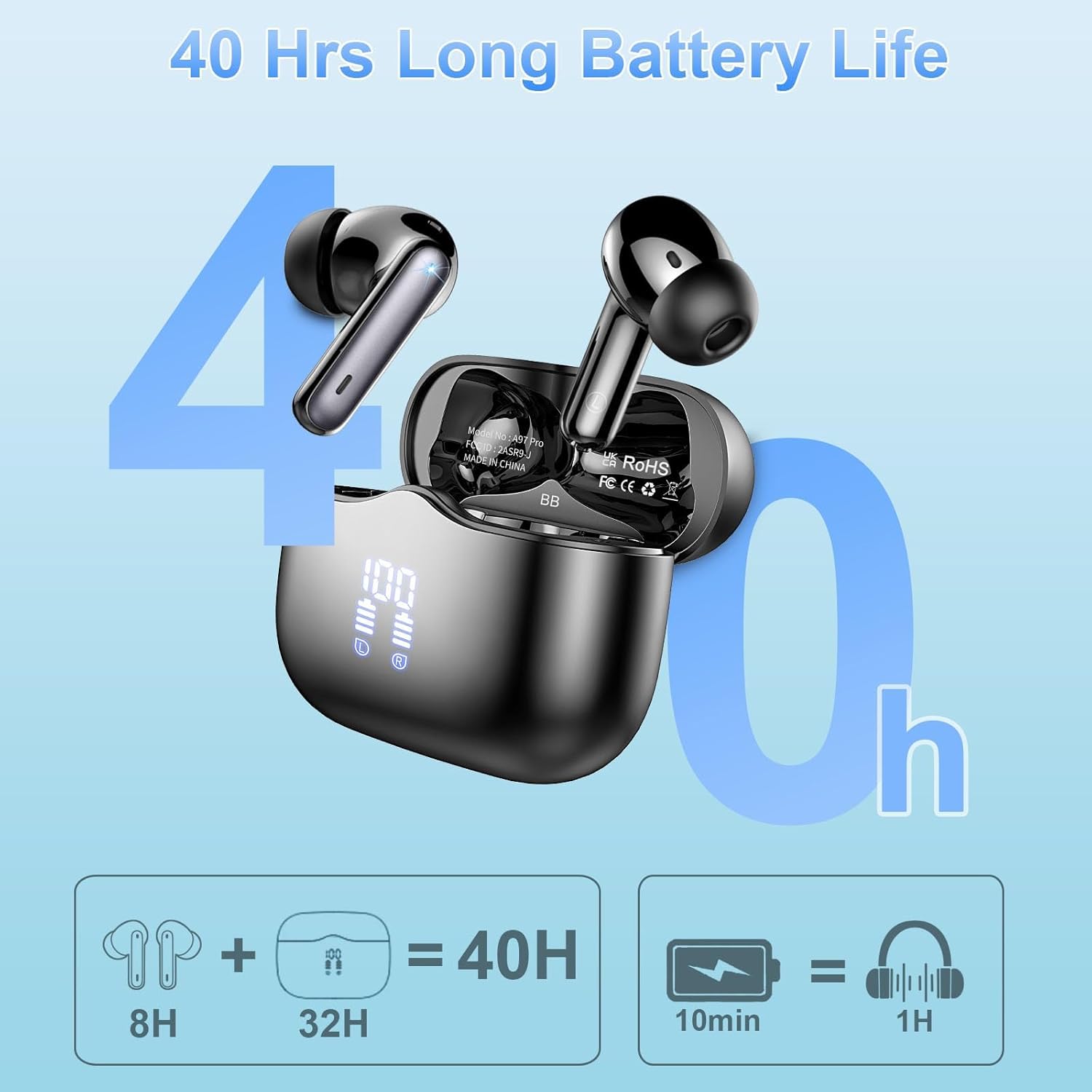 Black wireless earbuds with charging case on a light blue background, highlighting battery life.