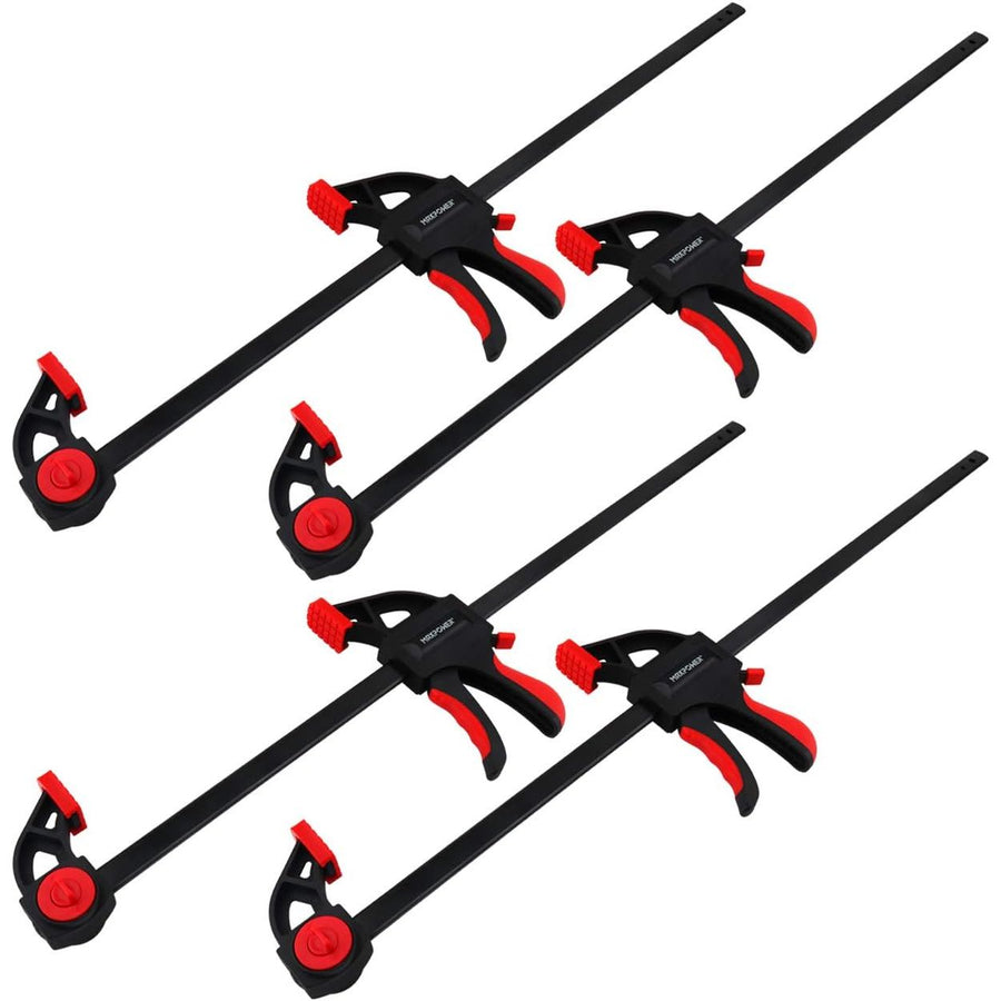 Set of black and red clamps on a white background