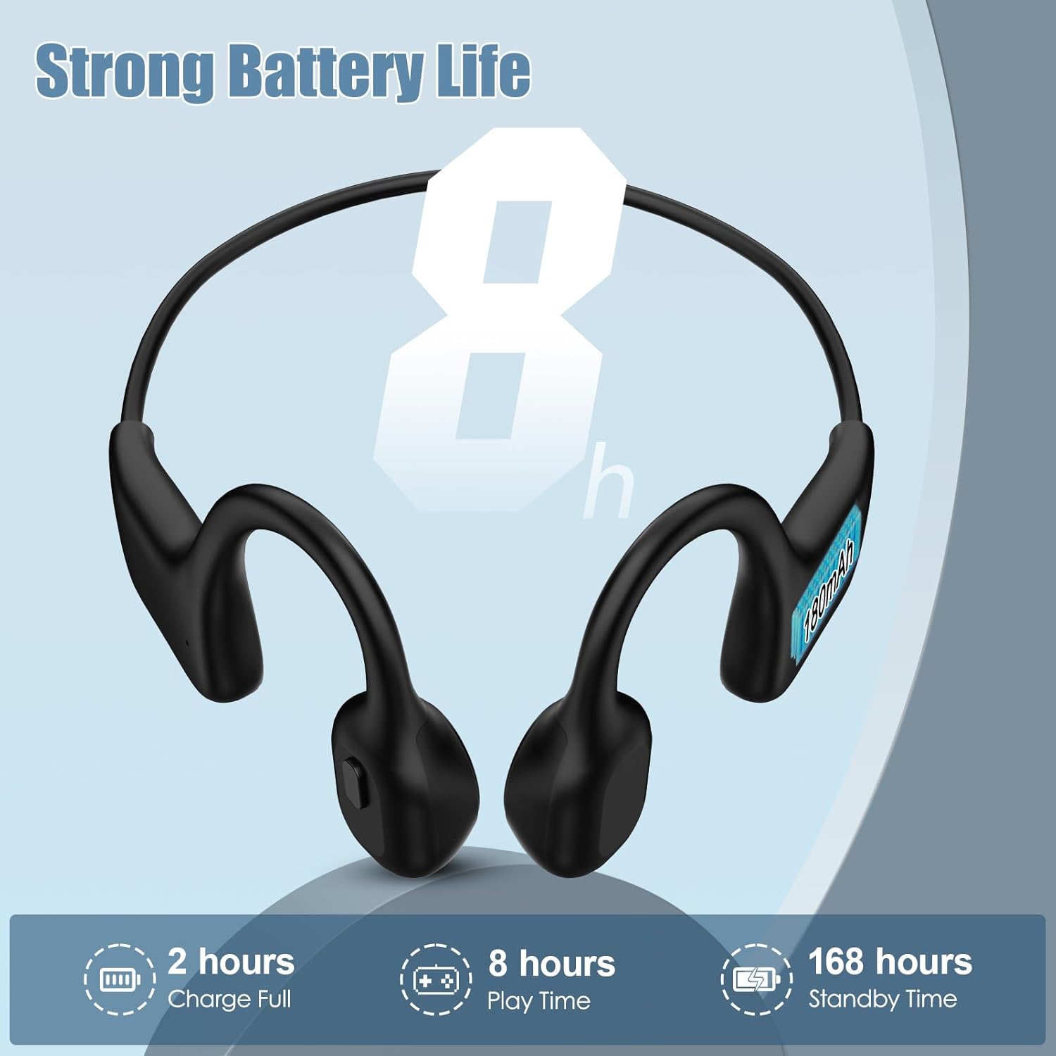 Black wireless earbuds with charging and play time information on a light blue background