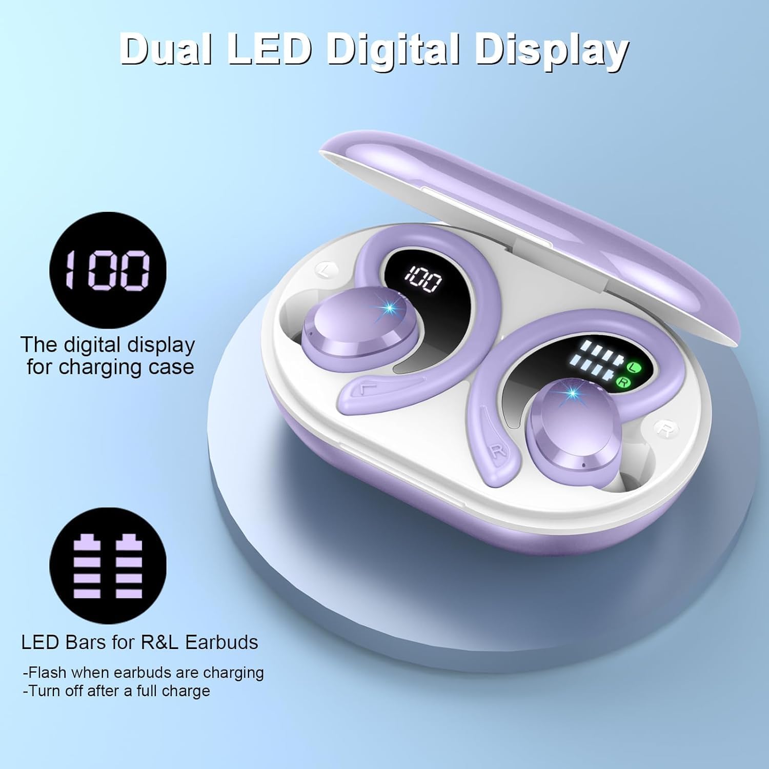 Purple wireless earbuds with charging case on a blue background, featuring digital displays and LED indicators.