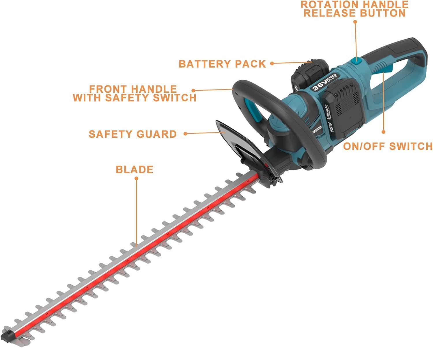 WESCO Cordless Hedge Trimmer, 18V, 2 Batteries, 610mm Cut, 19mm Tooth Gap