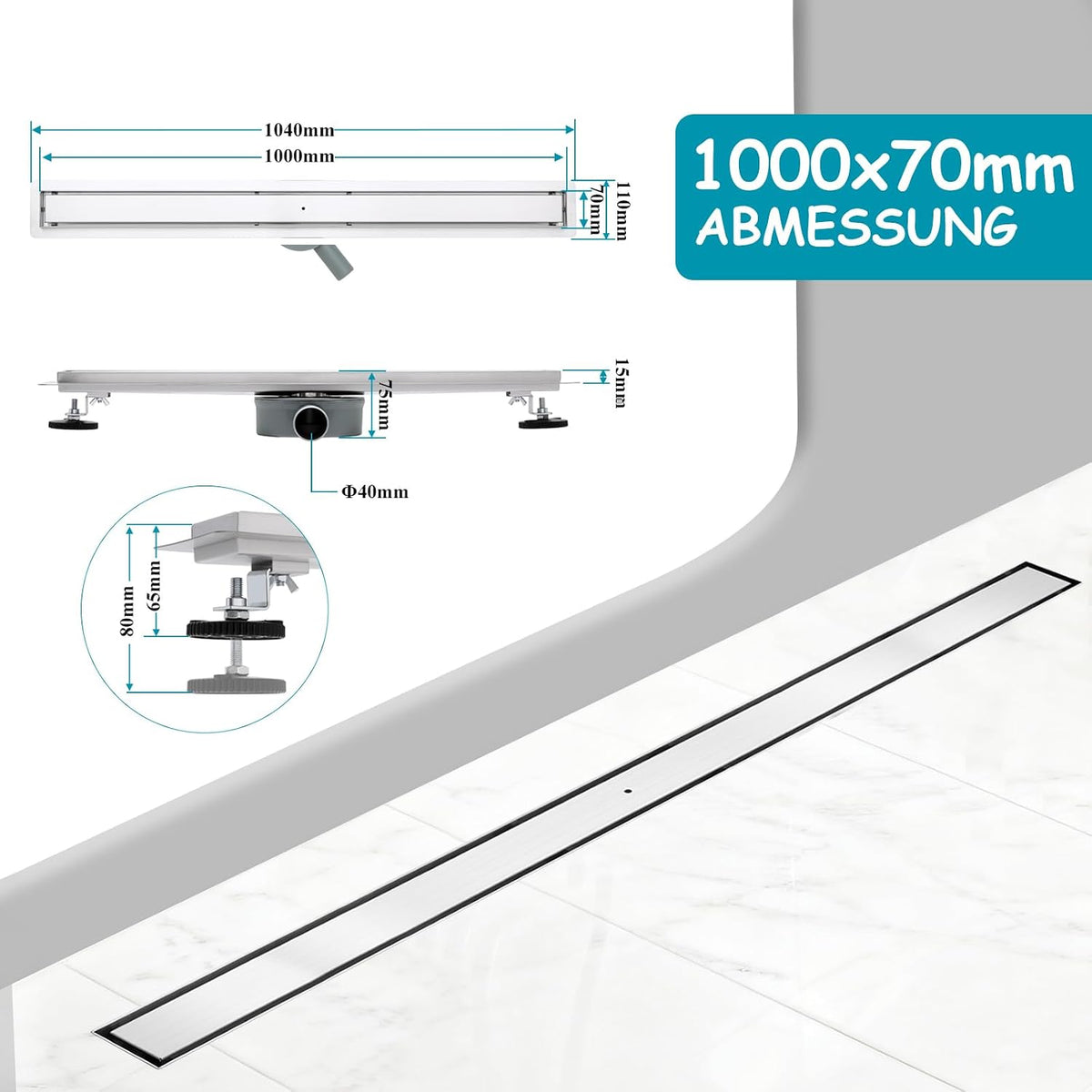 Linear Shower Drain 100cm 304 Stainless Steel Tile Insert 360 Siphon DN40 DN50