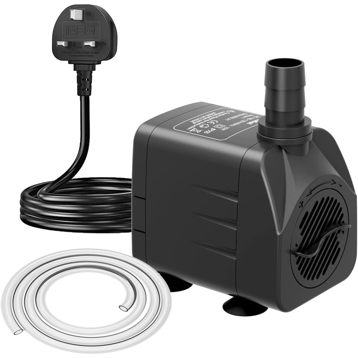 Black submersible aquarium water pump with a UK three-pin power plug and a coiled white supply tube, shown on a white background.