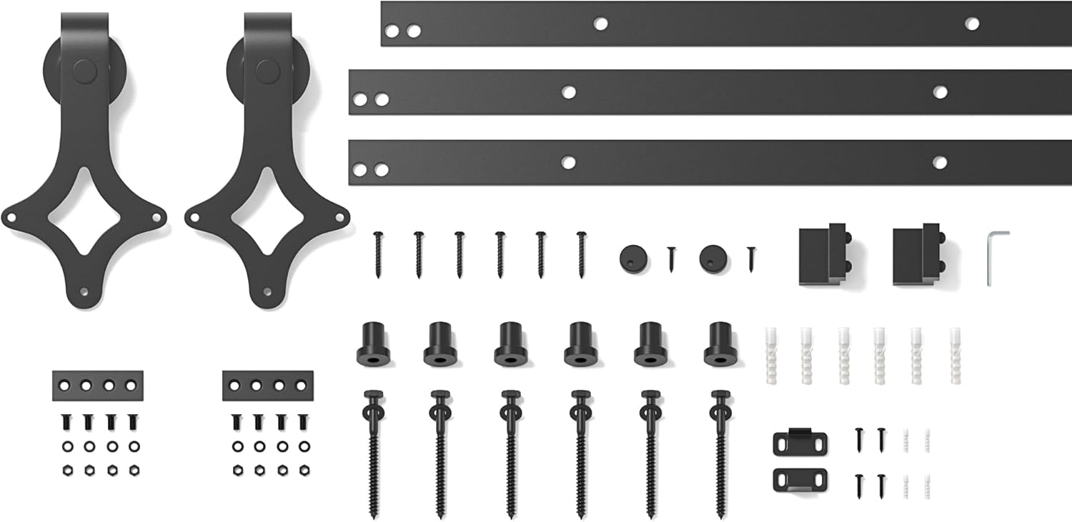 Set of black metal brackets and hardware components on a white background