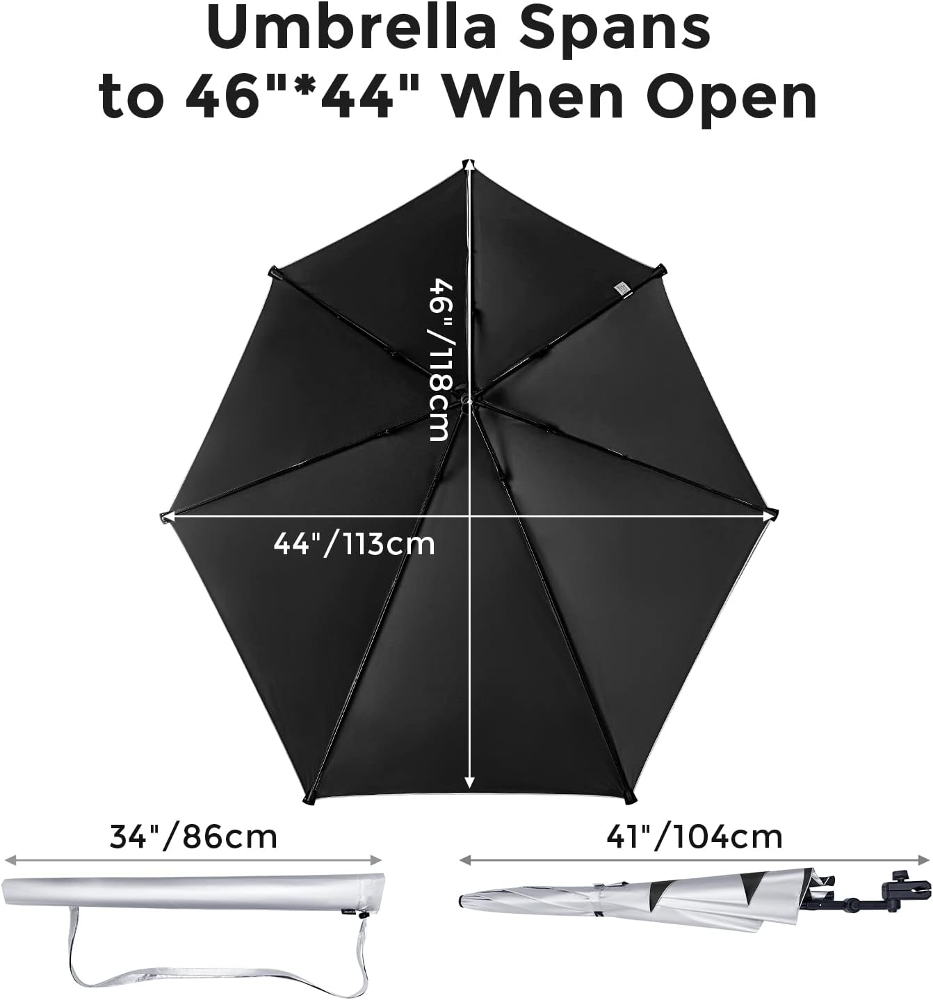 Black umbrella with measurements indicating its span when open on a white background