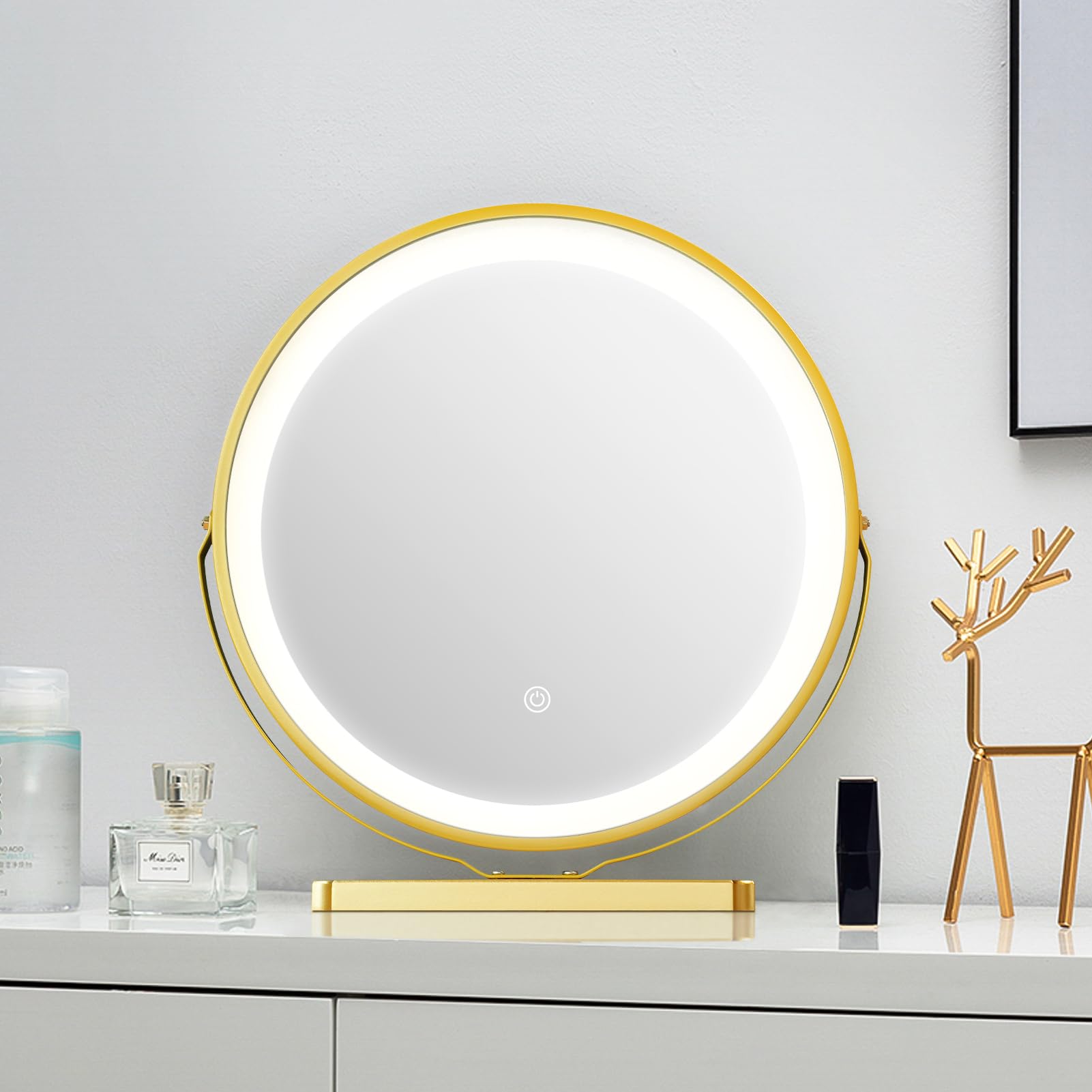 YOSHOOT 45cm Round LED Vanity Mirror, Dimmable 3-Mode, Swivel Makeup Mirror, Gold - Massive Discounts