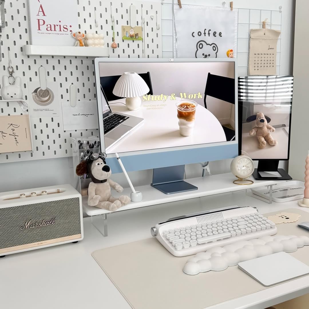Bamboo Monitor Stand 80cm Desk Riser Acrylic Legs Laptop Printer TV Shelf White