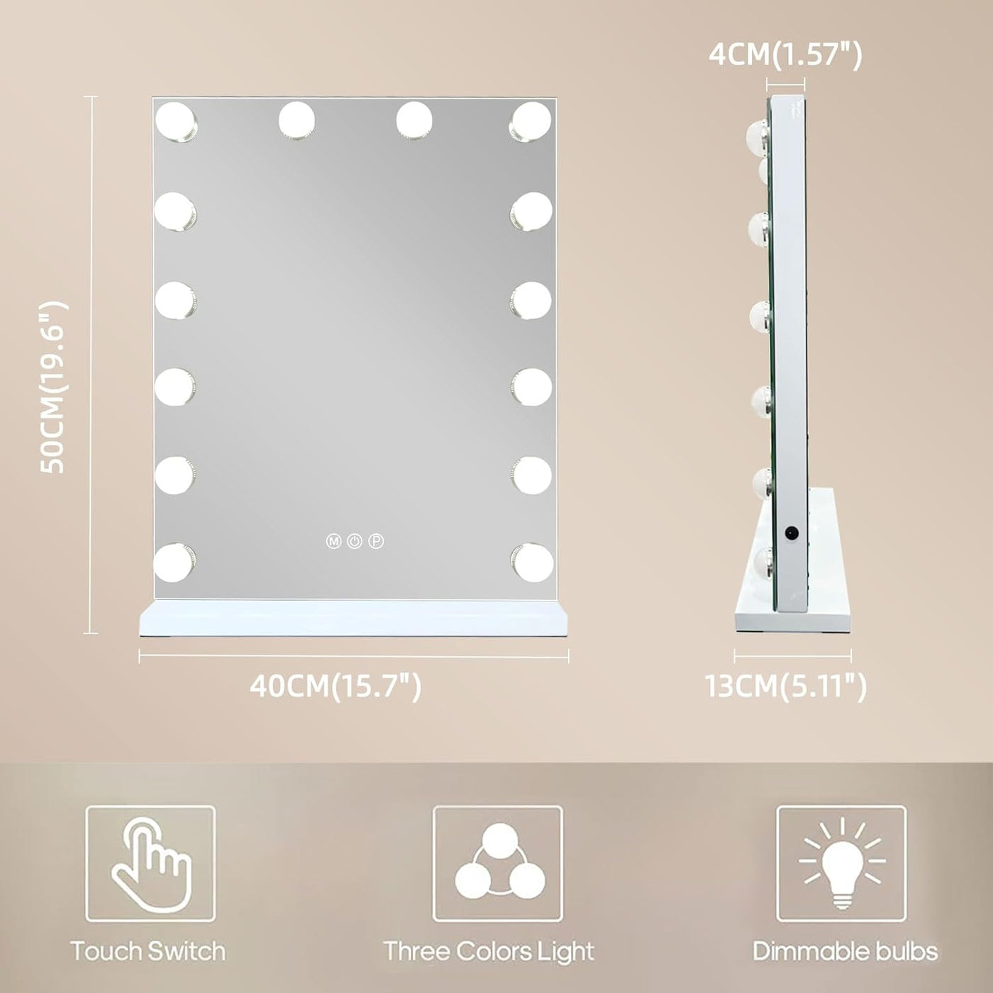 Hollywood Vanity Mirror w/ Lights, 14 Dimmable LEDs, 3 Colors, Tabletop & Wall