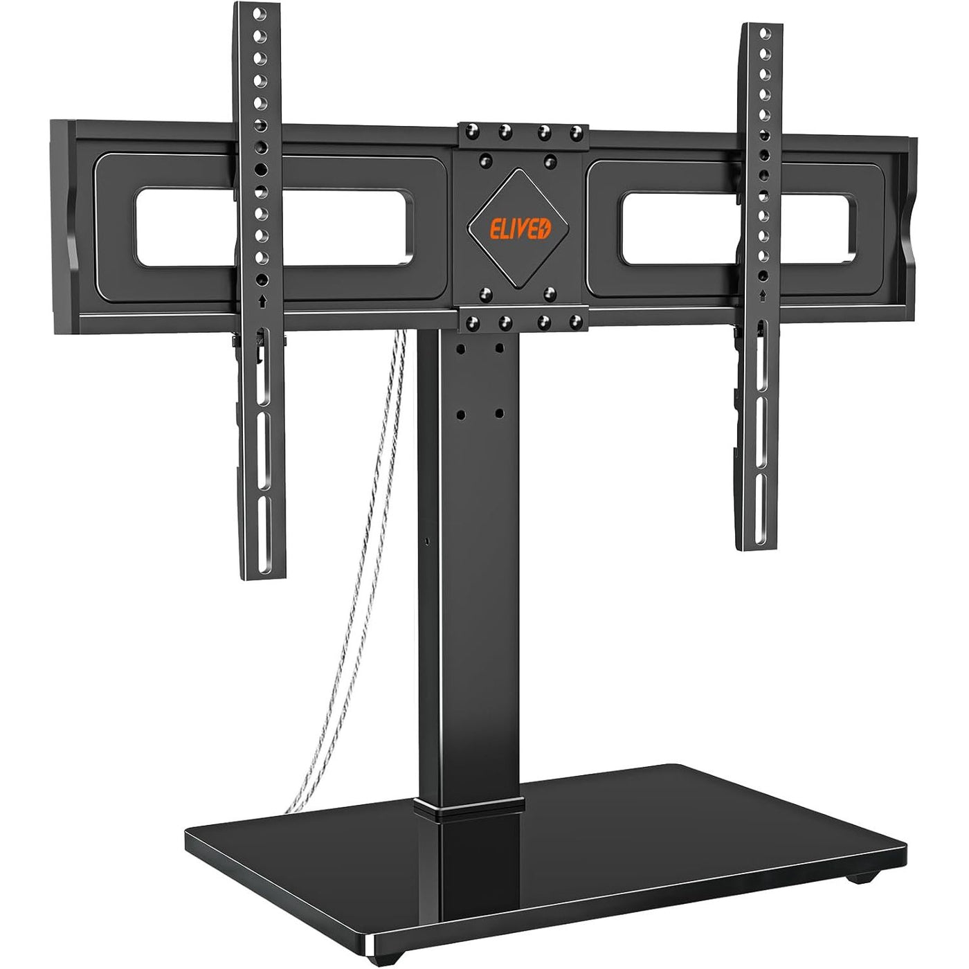 Black TV stand with adjustable bracket on a white background