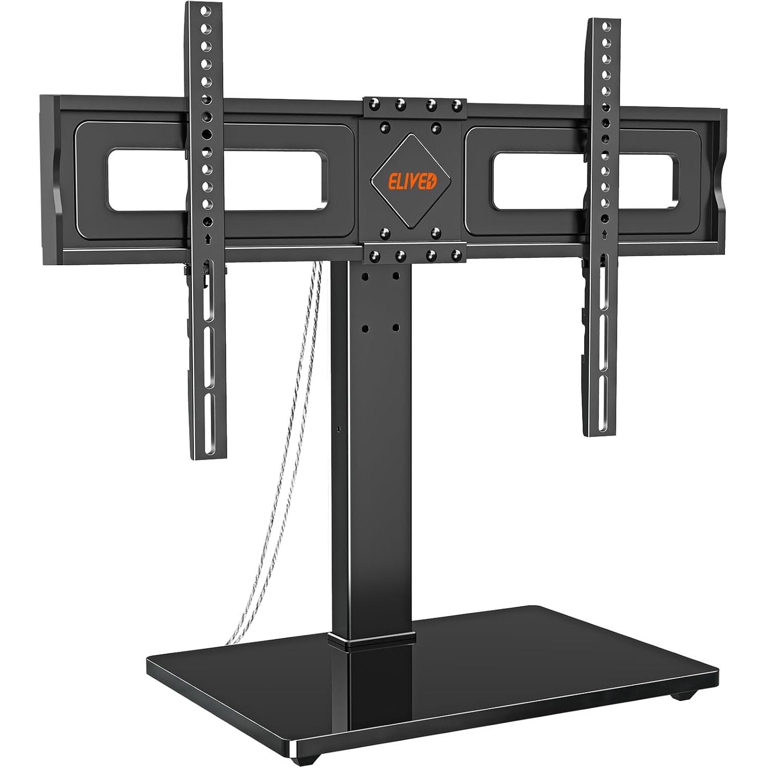 Black TV stand with adjustable bracket on a white background