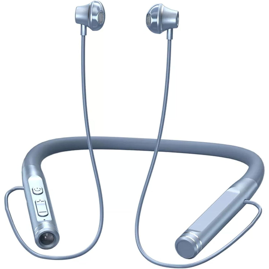 Blue neckband headphones with in-ear components on a white background