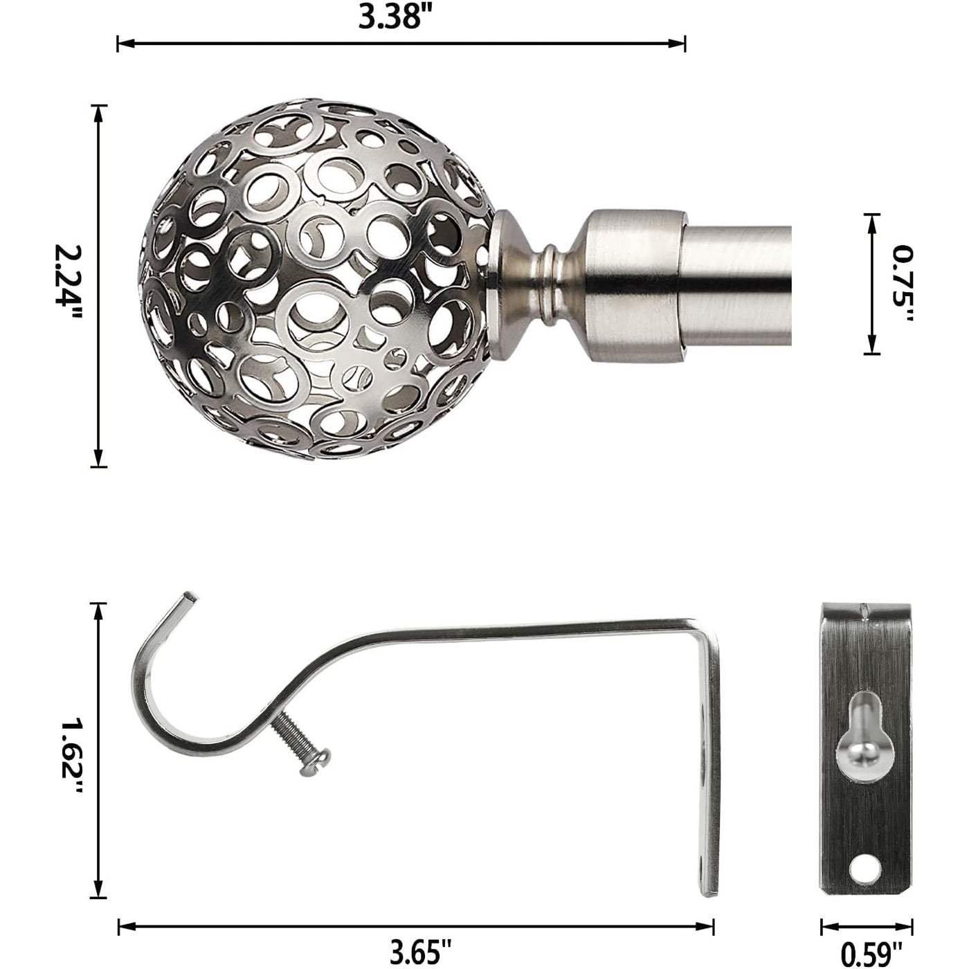 Extendable Curtain Pole Set 70-120cm Satin Nickel, Globe Finials, 19/16mm