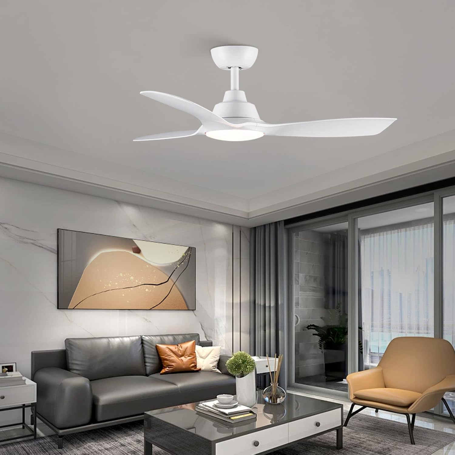 Modern living room with a ceiling fan, gray sofa, and coffee table.