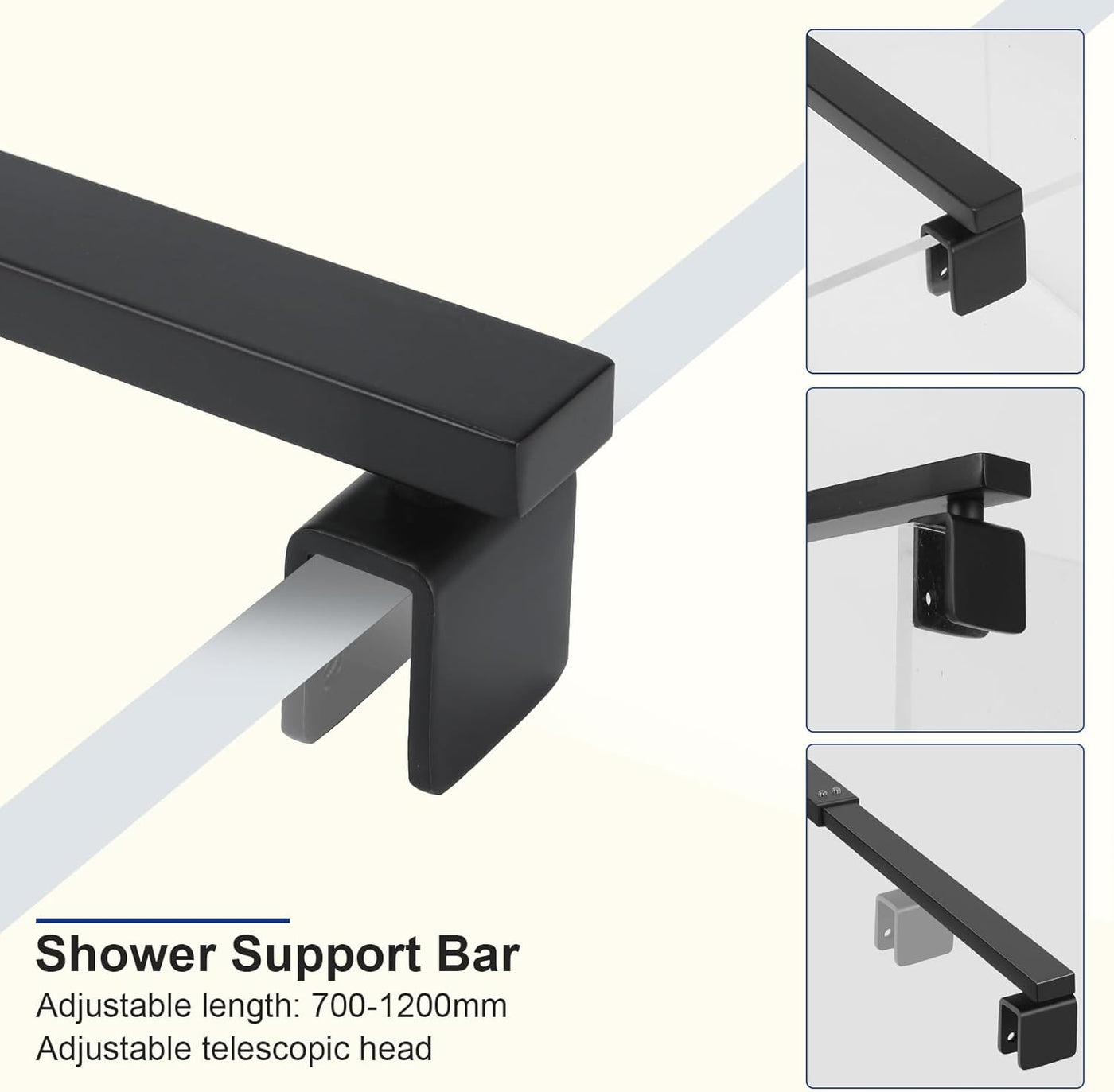 Shower Screen Support Bar 700-1200mm Telescopic Matte Black Square SVNR Stainless