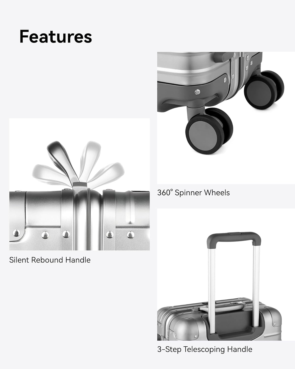Aluminium Carry On Suitcase 55cm 40L TSA Lock 8 Spinner Wheels Silver Luggex