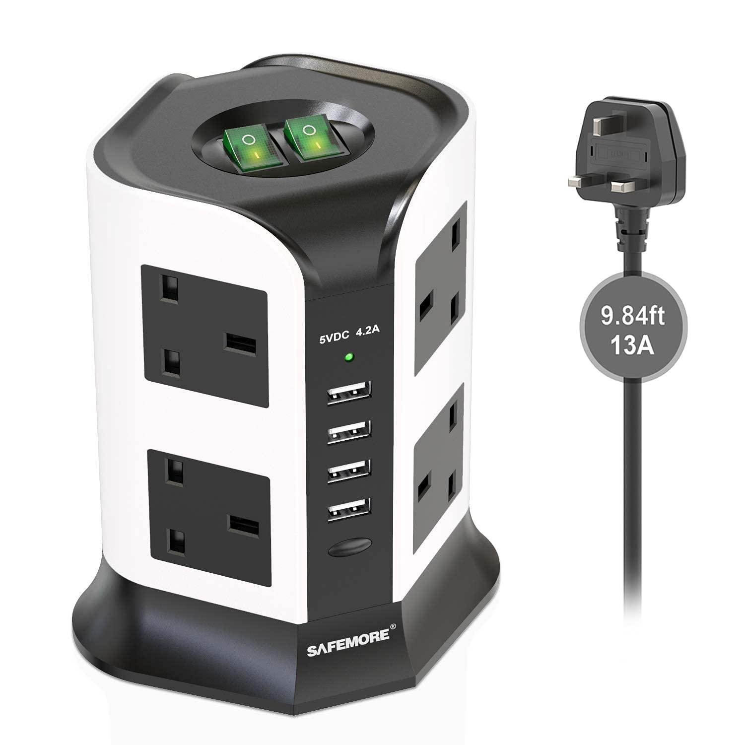 SAFEMORE UK Tower Extension Lead with 8 Outlets, 2 USB, and 2 Type-C - Massive Discounts