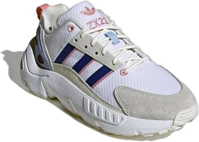 White Adidas sneaker with blue stripes on a white background