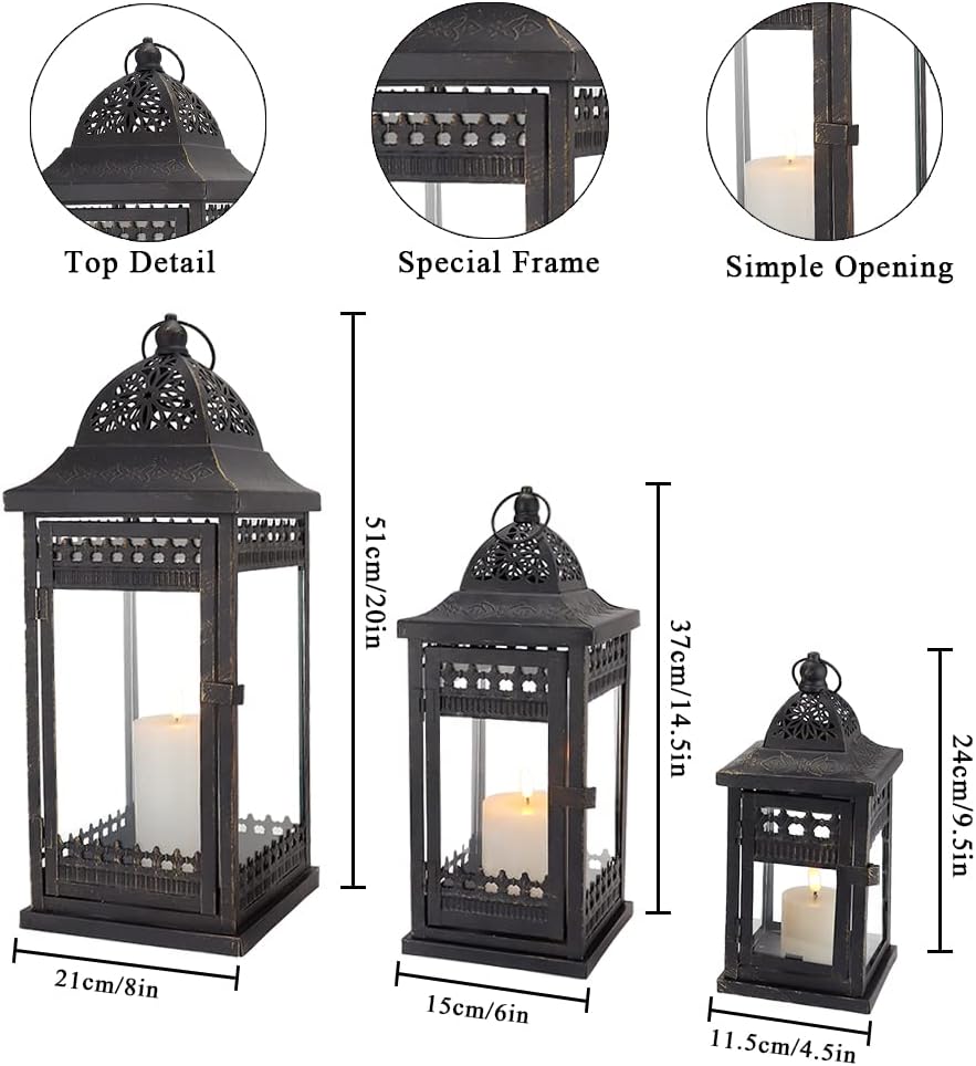 Candle Lanterns Set of 3 Vintage Black Gold Metal 51 37 24cm JHY DESIGN