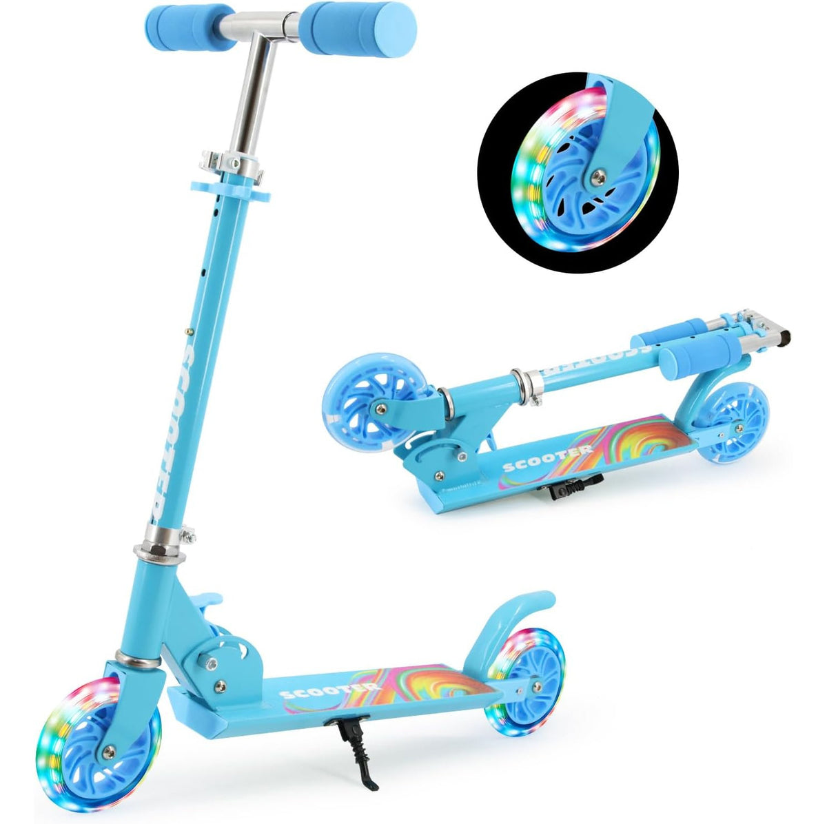 Kids Scooter 2 Wheel Light Up Folding Adjustable Handlebar Rear Brake TENBOOM