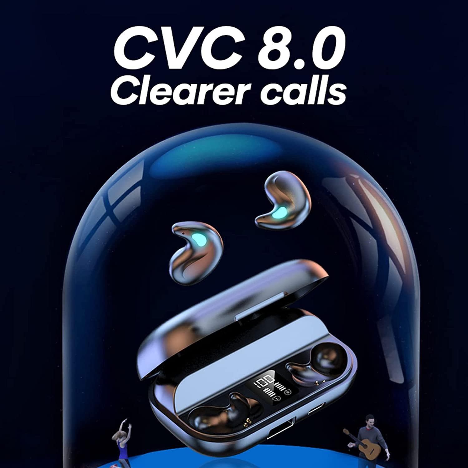 Wireless earbuds with charging case on a dark background, featuring CVC 8.0 text.
